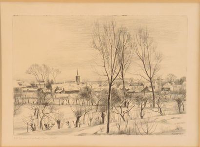 René COTTET (1902-1992) & DIVERS ''Vue de village en hiver'' Pointe-sèche signée...