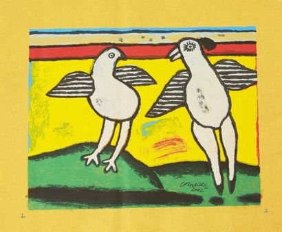 CORNEILLE Guillaume (1922-2010) "Deux pigeons fond jaune", "Poule oiseau fond blanc...