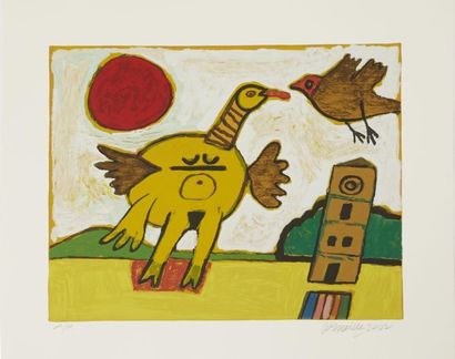 CORNEILLE Guillaume (1922-2010) "Poule oiseau fond blanc soleil rouge", "Poule oiseau...