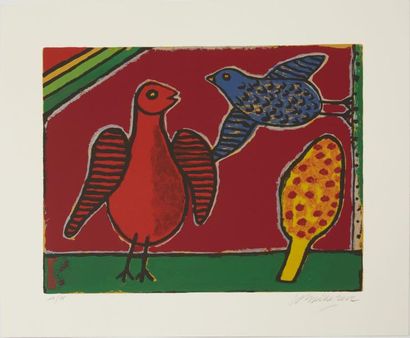 CORNEILLE Guillaume (1922-2010) "Poule oiseau fond blanc soleil rouge", "Poule oiseau...