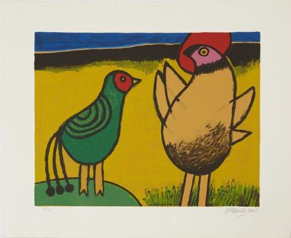 CORNEILLE Guillaume (1922-2010) "Poule oiseau fond jaune", "Deux pigeons fond jaune",...