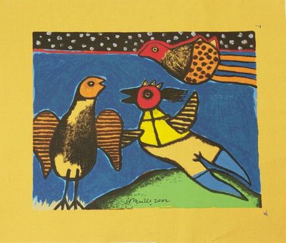 CORNEILLE Guillaume (1922-2010) "Poule oiseau fond jaune", "Trois oiseaux fond bleu",...