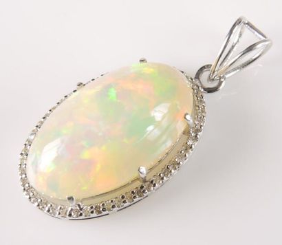 PENDENTIF OPALE DIAMANTS Pendentif en or gris 18K 750/°° centrée d'une opale en cabochon...