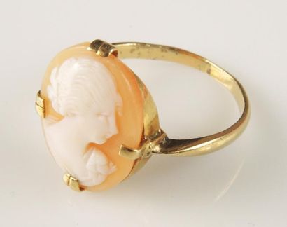 BAGUE CAMÉE ET OR Bague en or jaune 18K (750°/00) sertie d'un camée coquille figurant...