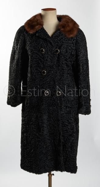 AU RENARD BLEU Vintage MANTEAU en breitschwanz lustré noir, col en vison sur double...