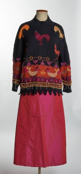 SARAH WINDSOR Vintage, ZAPA PULL-OVER en tricot de laine artisanale multicolore figurant...