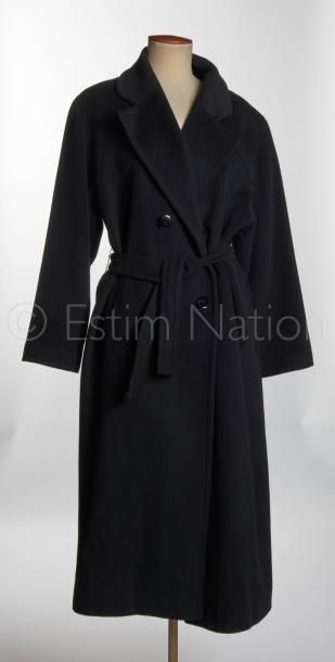 UN JOUR AILLEURS Vintage MANTEAU MAXI en laine et cachemire noir, col cranté sur...