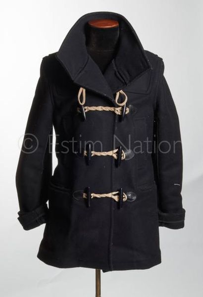 BURBERRY DUFFLE-COAT mixte en lainage noir muni de liens cordelettes, quatre poches...