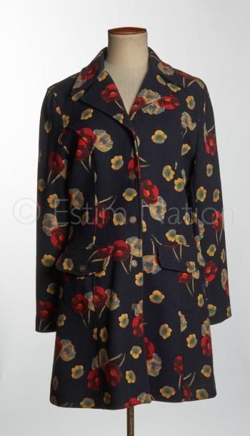 KENZO JEANS Vintage MANTEAU en lainage noir imprimé de fleurs rouges et jaunes, col...