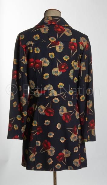KENZO JEANS Vintage MANTEAU en lainage noir imprimé de fleurs rouges et jaunes, col...