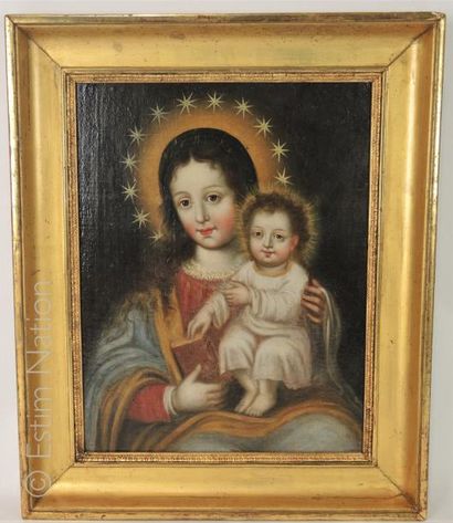 ECOLE ESPAGNOLE (?) Fin 18ème siècle "Vierge à l'Enfant"
Huile sur toile contrecollée...