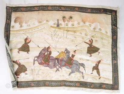 INDE/PAKISTAN Deux peintures sur soie représentant une scène de chasse et un couple...