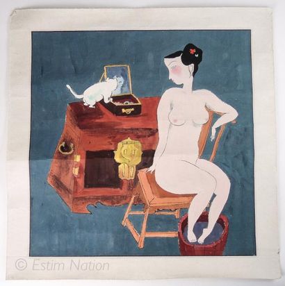 ECOLE CHINOISE MODERNE Nu féminin au chat et au miroir Gouache et aquarelle sur papier...