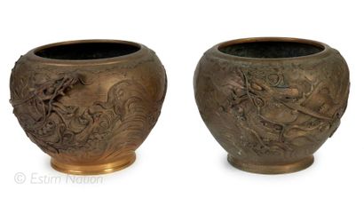 Art d'Asie Paire de larges vases en métal patiné à décor de dragons. Hauteur: 23cm,...