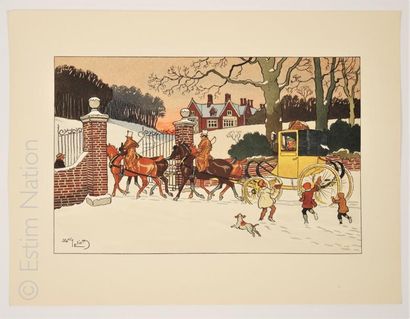 ELIOTT Harry 1882-1959 'Calèche au départ ,ambiance de neige'',impression au pochoir,32...