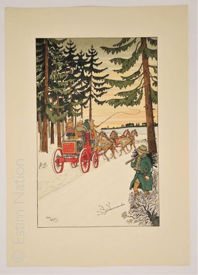 ELIOTT Harry 1882-1959 'Malle-poste sur une route neigeuse en forêt'',impression...