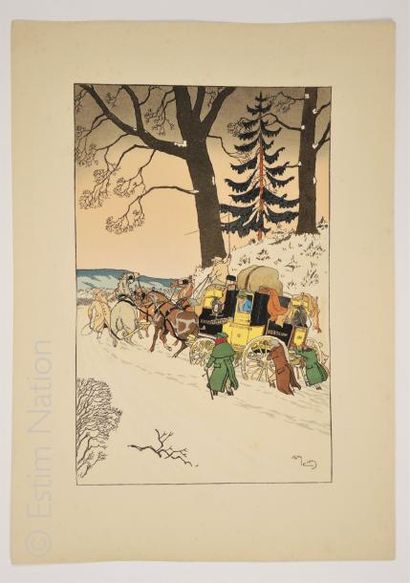 ELIOTT Harry 1882-1959 'Malle-poste en difficulté sur une route neigeuse en forêt'',impression...