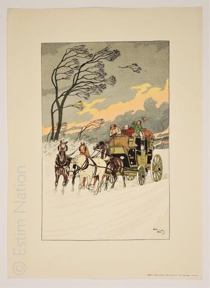 ELIOTT Harry 1882-1959 'Malle-poste sous la tempête sur une route neigeuse '',impression...