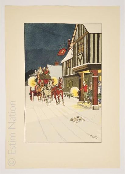 ELIOTT Harry 1882-1959 'Malle-poste devant le pub crown sur une route neigeuse'',impression...