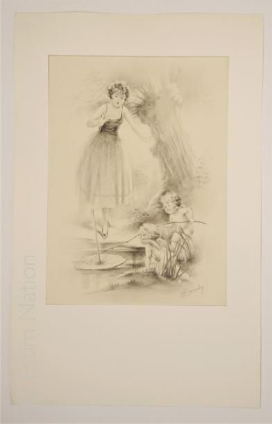 RENAUDIN 'Femme aux angelots'',dessin original au crayon ,signé en queue à droite...
