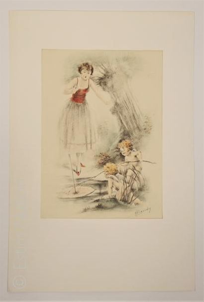 RENAUDIN 'Femme aux angelots'',trois gravures en couleurs,21 x 29 cm,très bon ét...