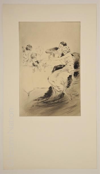 NAUDY 'Femme et couple avec angelots'',ensemble de trois gravures en noir,17 x 27...