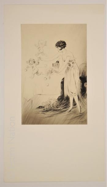 NAUDY 'Femme et couple avec angelots'',ensemble de trois gravures en noir,17 x 27...