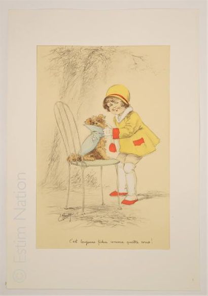 NAUDY 'Fillette avec son chien'',gravure réhaussée,18 x 27 cm,très bon état.JOINT:...