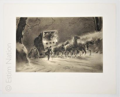 NAUDY/RENAUDIN 'Malle-poste dans un paysage d'hiver'',dessin original au crayon ,signé...
