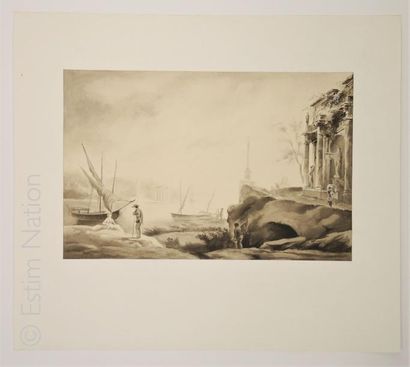 NAUDY/RENAUDIN 'Paysage romantique,petites embarcations'',dessin original au crayon...