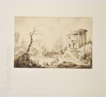 NAUDY/RENAUDIN 'Paysage romantique,maison à colonnades'',dessin original au crayon...