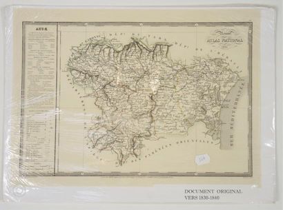 CARTE GEOGRAPHIQUE Carte départementale de l'Aude,en noir,datée 1835,40 x 55cm,très...