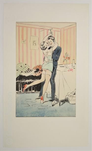 RENAUDIN ? 'Couple à la coupe de champagne'',œuvre originale, encre noire et aquarelle,signature...