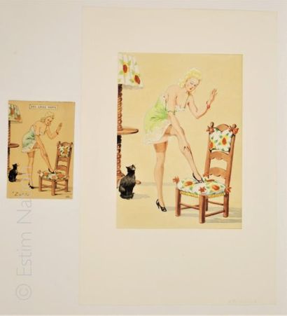 CHAPERON Jean 'Femme au chat noir'',aquarelle originale,signature autographe au dos,datée...