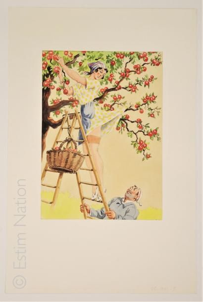 CHAPERON Jean 'Femme cueillant des pommes'',aquarelle originale,signature autographe...