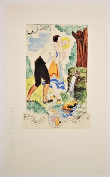 Aquarelle 'Couple à la fontaine'',aquarelle originale,signature autographe au dos...