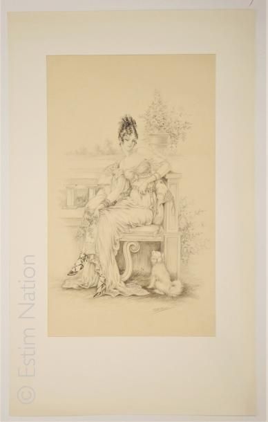 DORVAL 'Femme au chien blanc'',dessin original au crayon noir,signé,23 x 40 cm,,très...