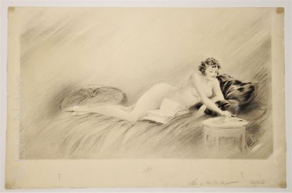 RENAUDIN? 'Femme nue fumant'',dessin original au crayon noir,signature au dos,daté...