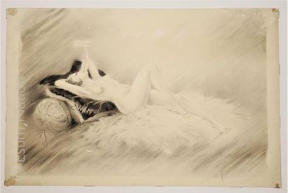 RENAUDIN? 'Femme nue au fume-cigarette'',dessin original au crayon noir,signature...