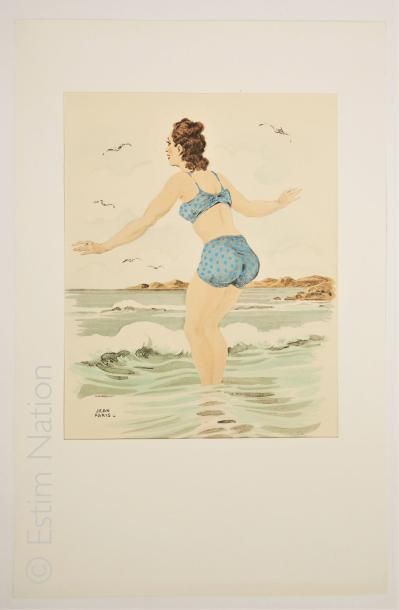 PARIS Jean 'Femme se baignant en maillot de bain bleu'',aquarelle originale,signé...