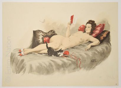 PARIS Jean 'Femme nue lisant'',aquarelle originale,signée en queue à droite,38 x...