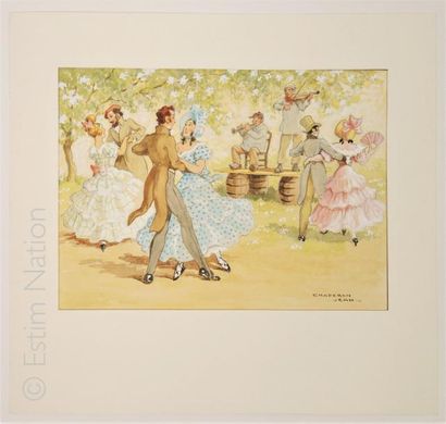 CHAPERON Jean 'Scène champêtre,la danse'',aquarelle originale signée en queue et...