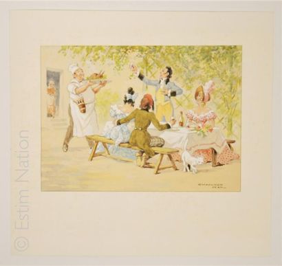CHAPERON Jean 'Scène champêtre,le repas'',aquarelle originale signée en queue et...