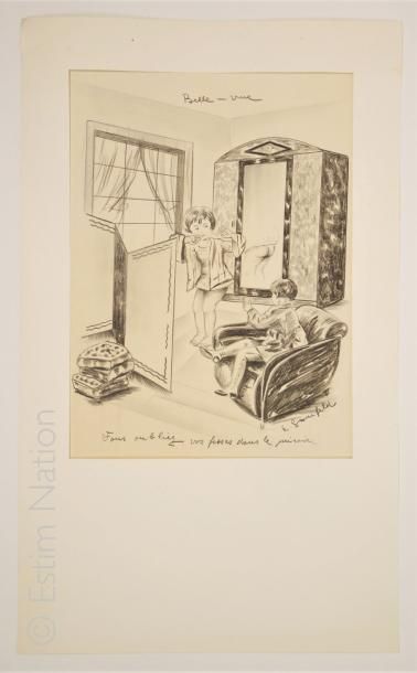 Gravure 'Enfantina,fillette au miroir'',dessin original au crayon noir,signature...