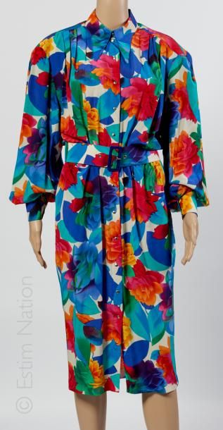 THIERRY MUGLER Vintage, circa 1983/88 ROBE en soie imprimée d'un motif floral multicolore,...