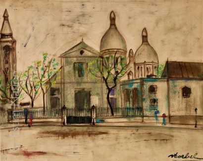 EDGAR STOEBEL (XX) "Vue de Montmartre, l'église Saint Pierre'' Dessin à l'encre brune...