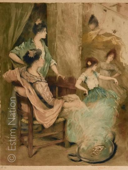 Allan ÖSTERLIND (1855-1938) (?) "Scène familiale de Flamenco'' Gravure en couleurs,...