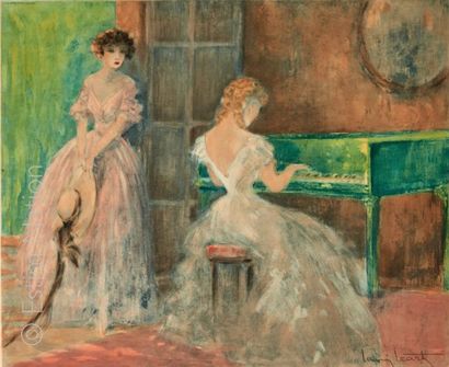LOUIS ICART (1888-1950) d'après "La leçon de piano'' Gravure en couleurs signée dans...