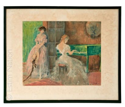 LOUIS ICART (1888-1950) d'après "La leçon de piano'' Gravure en couleurs signée dans...