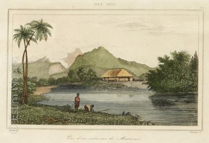 TAHITI, BORA-BORA Ensemble de 3 gravures encadrées en couleurs titrées "Tahiti Pointe...